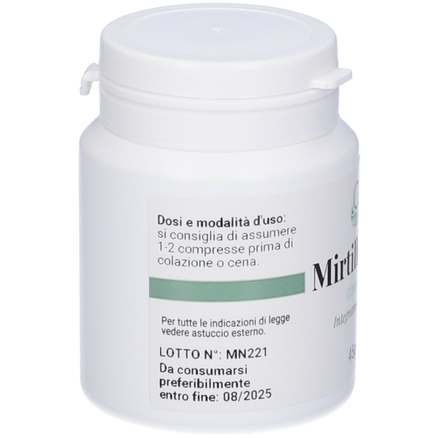 Flacone di compresse bianco con coperchio. Adesivo con testo: Mirtillo nero, dosaggio, Scadenza 08/2025.