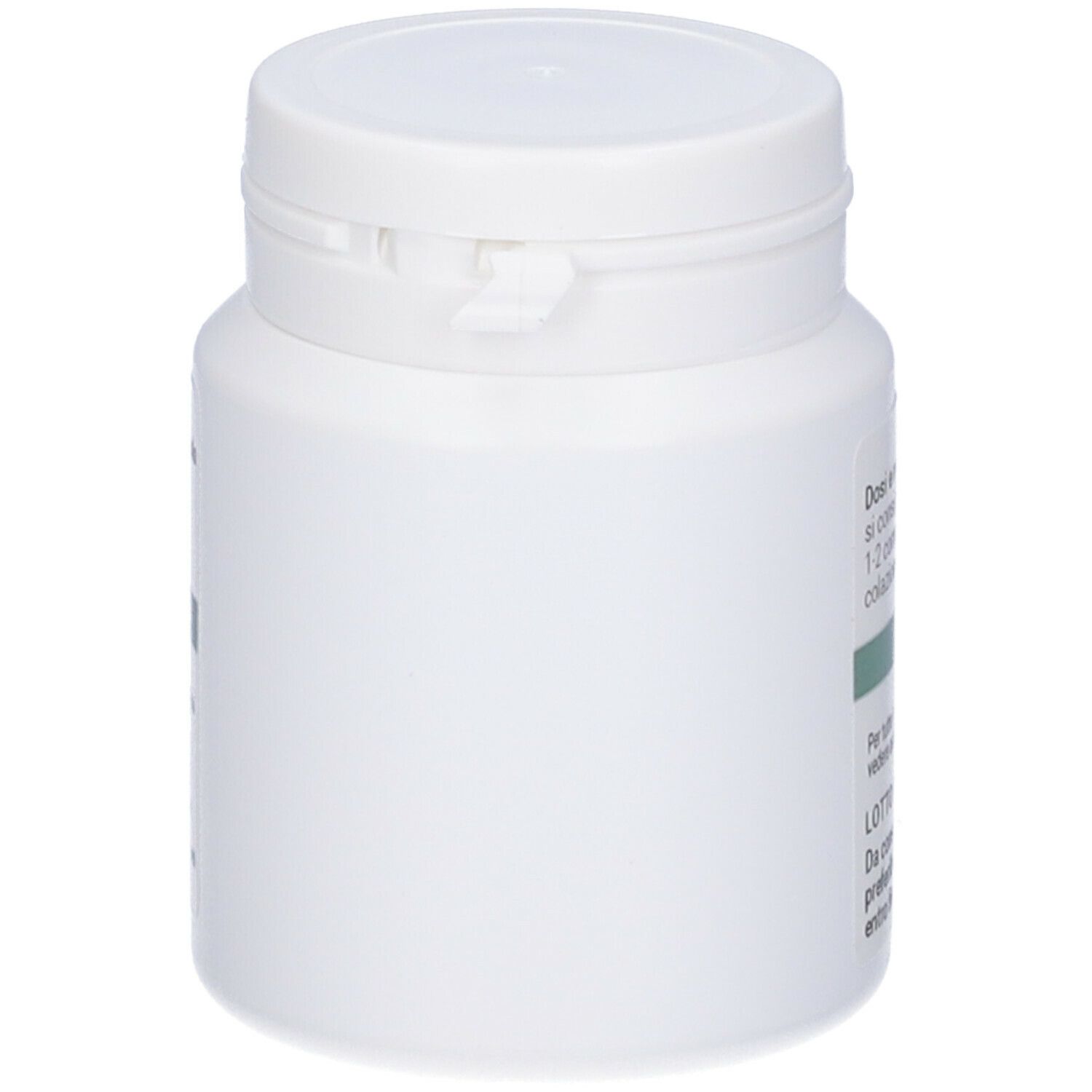 Flacone di compresse bianco con coperchio. Nessuna informazione testuale visibile.