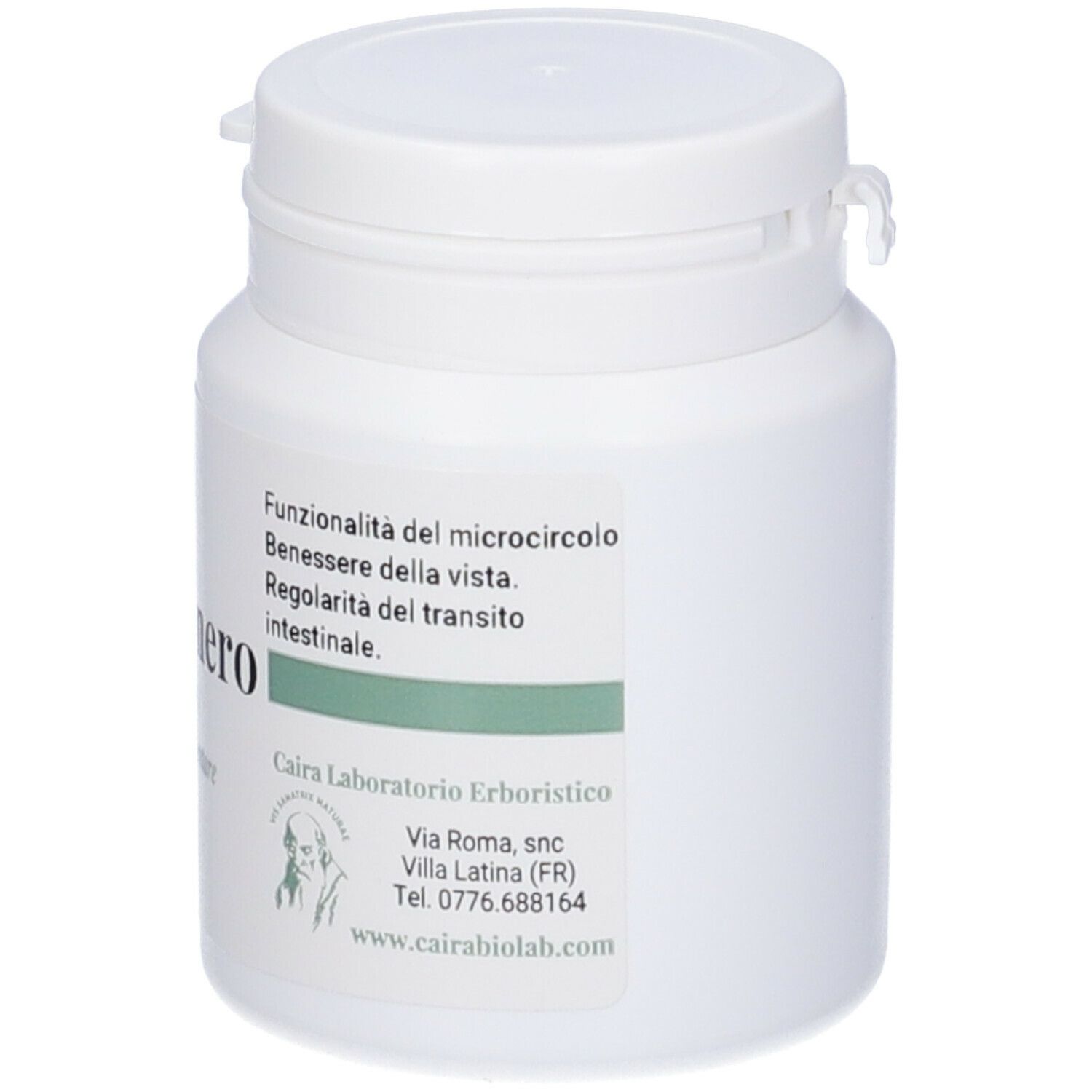 Flacone di compresse bianco con coperchio. Adesivo con testo: Mirtillo nero, Laboratorio Erboristico, www.cairabiolab.com.