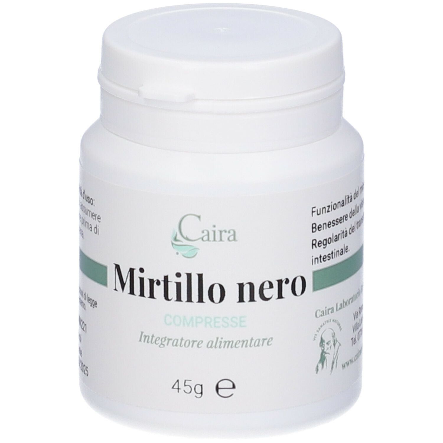 Flacone di compresse bianco con coperchio. Adesivo con testo: Mirtillo nero, Compresse, 45g.
