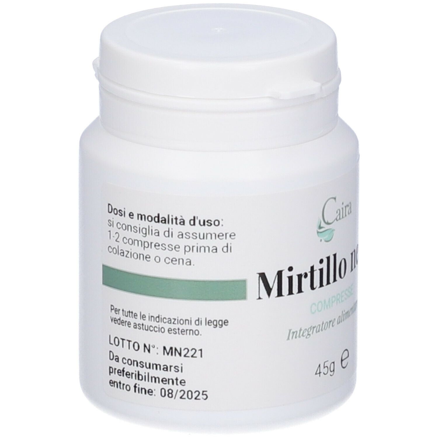 Flacone di compresse bianco con coperchio. Adesivo con testo: Mirtillo nero, dosaggio, Scadenza 08/2025.