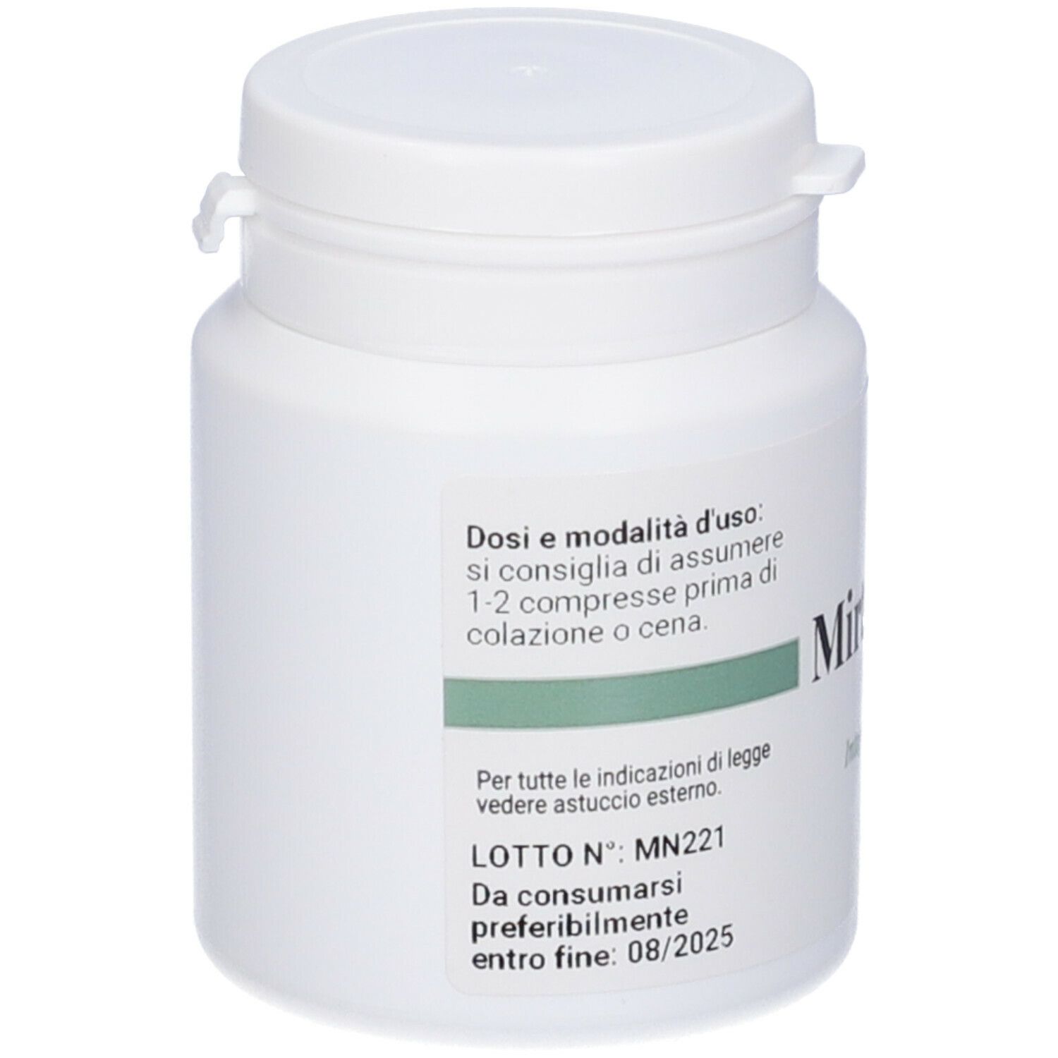 Flacone di compresse bianco con coperchio. Adesivo con testo: Mirtillo nero, dosaggio, Scadenza 08/2025.
