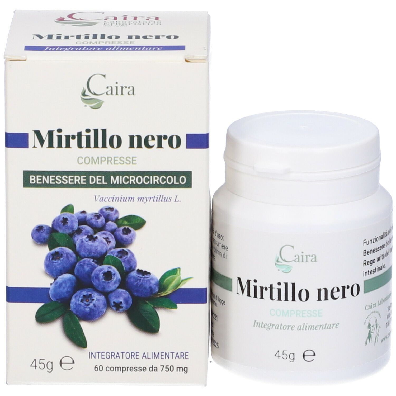 Confezione del prodotto e flacone di compresse. Confezione: Mirtillo nero, Compresse, 60 compresse. Flacone: Mirtillo nero, Compresse, 45g.