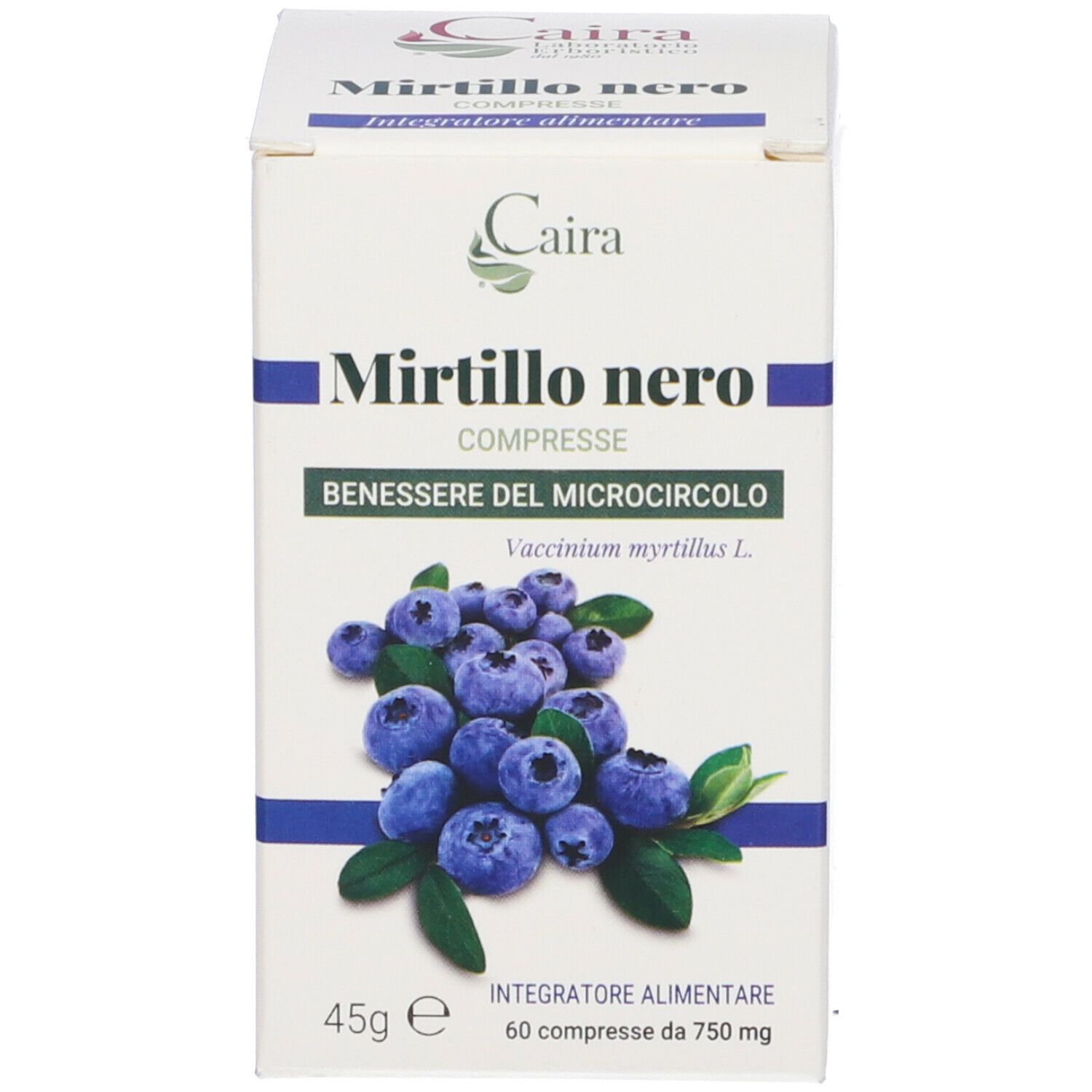 Scatola bianca con stampa del prodotto. Testo: Mirtillo nero, Compresse, 60 compresse. Illustrazione di mirtilli.