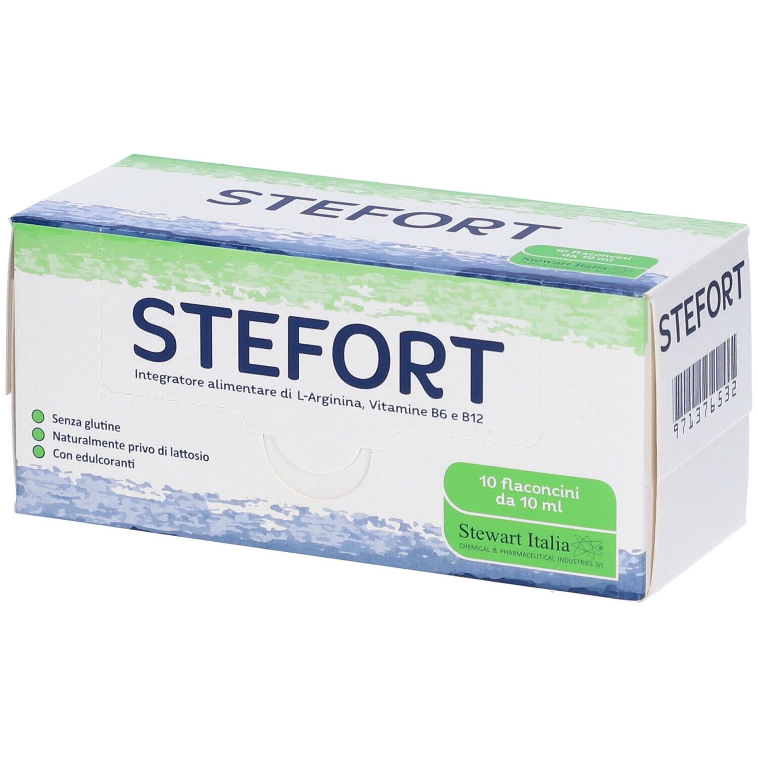 Scatola 'Stefort' in prospettiva. Confezione verde e bianca con nome e dettagli. 10 flaconcini. Codice a barre.