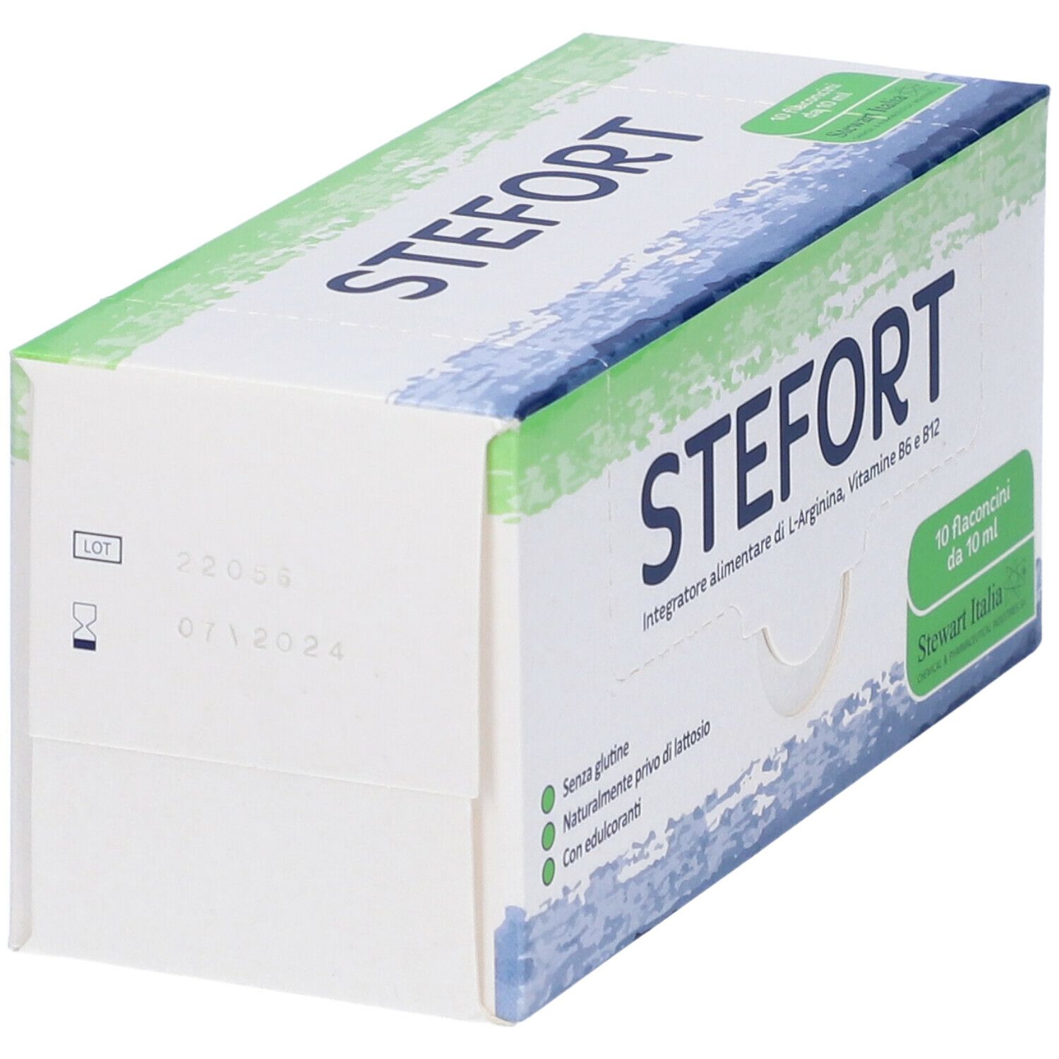 Scatola 'Stefort'. Confezione verde e bianca. Dettagli ingredienti e scadenza. 10 flaconcini.