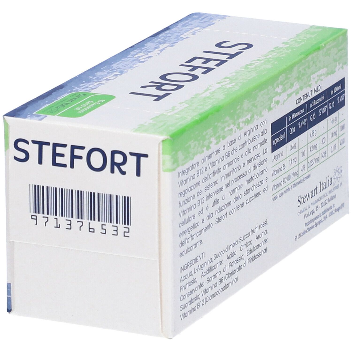 Scatola 'Stefort' in prospettiva. Retro con testo e codice a barre. Logo 'Stewart Italia'.