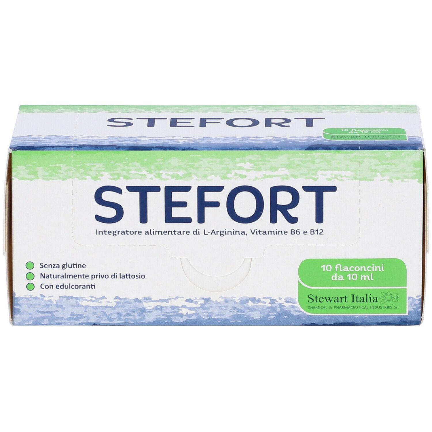 Scatola 'Stefort'. Confezione verde e bianca con nome del prodotto e dettagli ingredienti. 10 flaconcini.