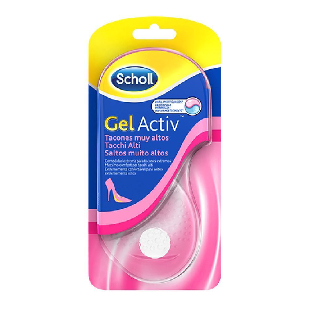 Solette Scholl GelActiv per tacchi alti, confezione. Soletta in gel rosa, confezione trasparente.