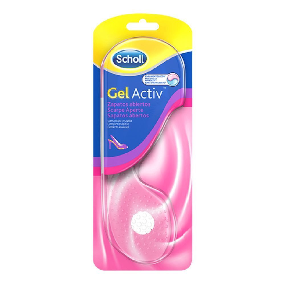 Solette Scholl Gel Activ per scarpe aperte in confezione. Soletta in gel rosa con punto bianco. Marchio Scholl visibile.
