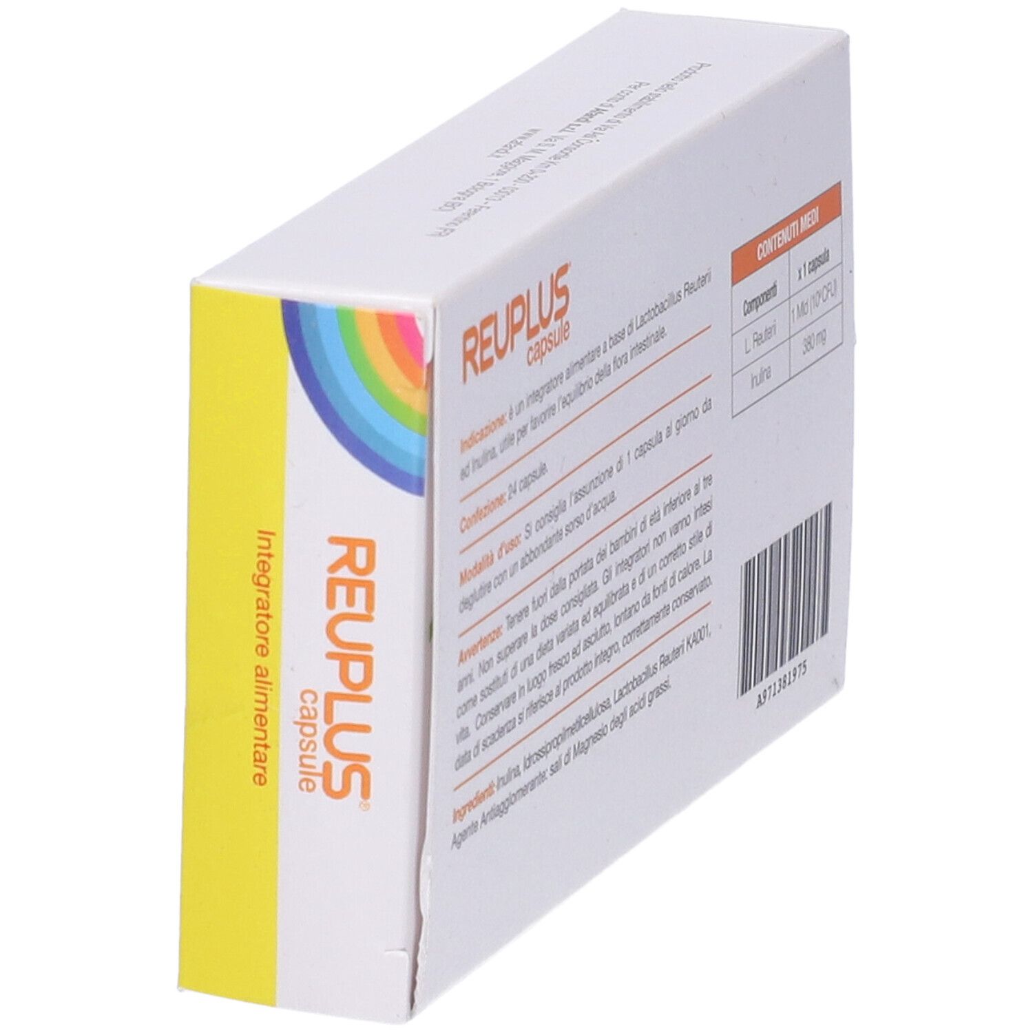 Scatola con design arcobaleno e scritta REUPLUS capsule. Contiene informazioni sugli ingredienti e il dosaggio.