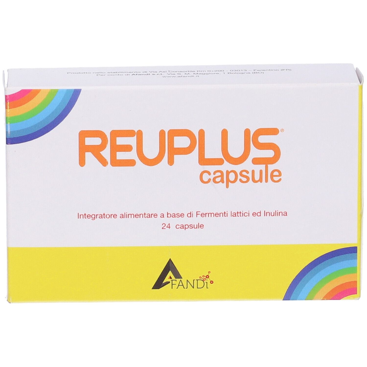 Scatola bianca e gialla con design arcobaleno. Scritta: REUPLUS capsule. Contiene 24 capsule.