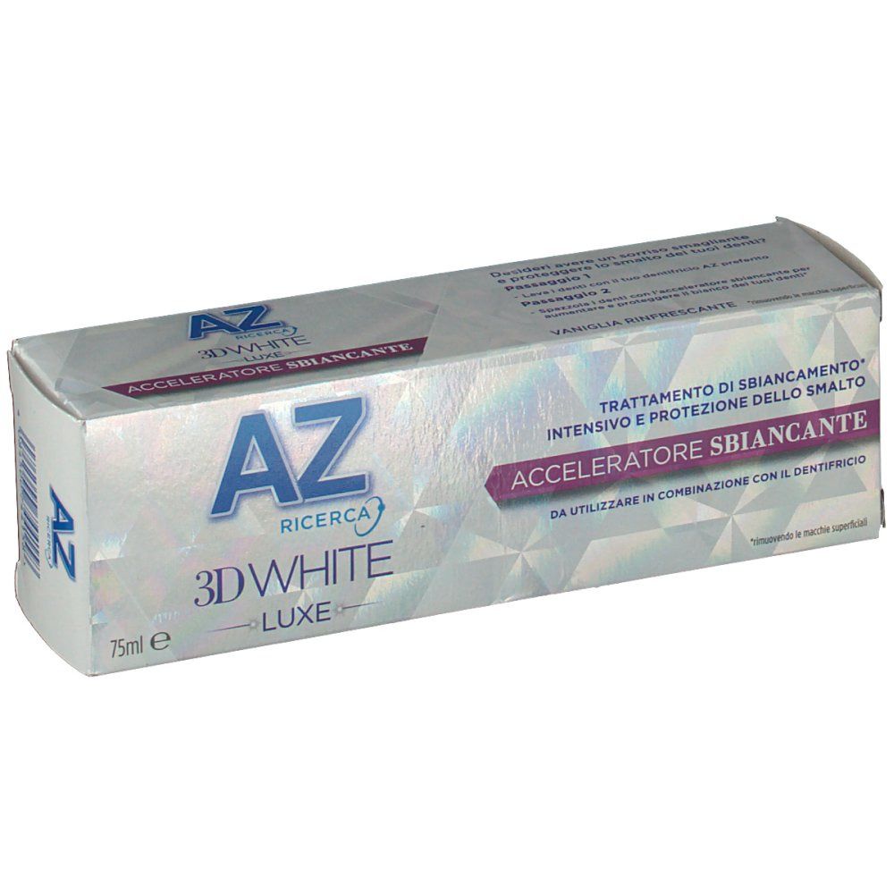 Scatola di AZ 3D White Luxe Whitening Accelerator. Confezione argentata con dettagli viola e nome del prodotto. 75ml.