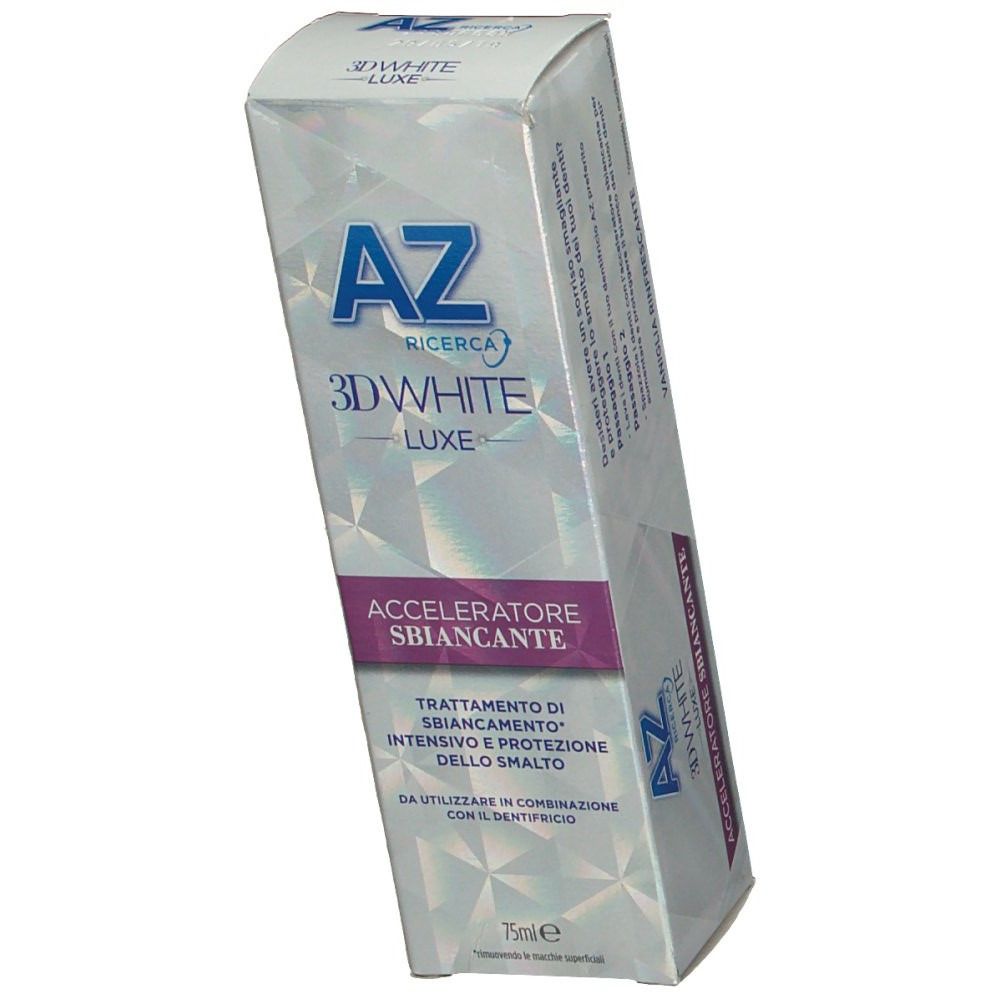 Scatola di AZ 3D White Luxe Whitening Accelerator. Confezione argentata, in prospettiva. Nome e testo visibili.