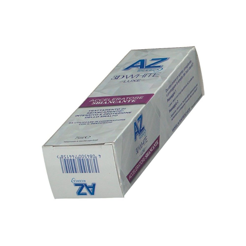 Scatola di AZ 3D White Luxe Whitening Accelerator. Confezione argentata, in prospettiva. Codice a barre e informazioni.