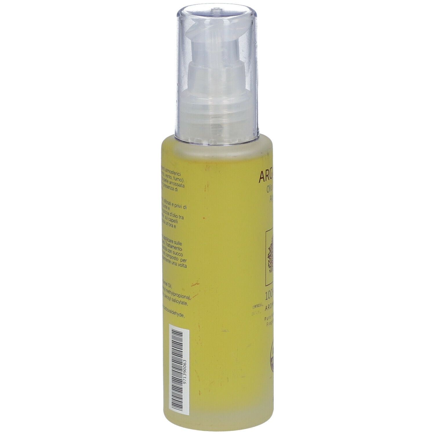 Flacone giallo con etichetta. Testo e codice a barre. Contiene olio. Testina a pompa trasparente.