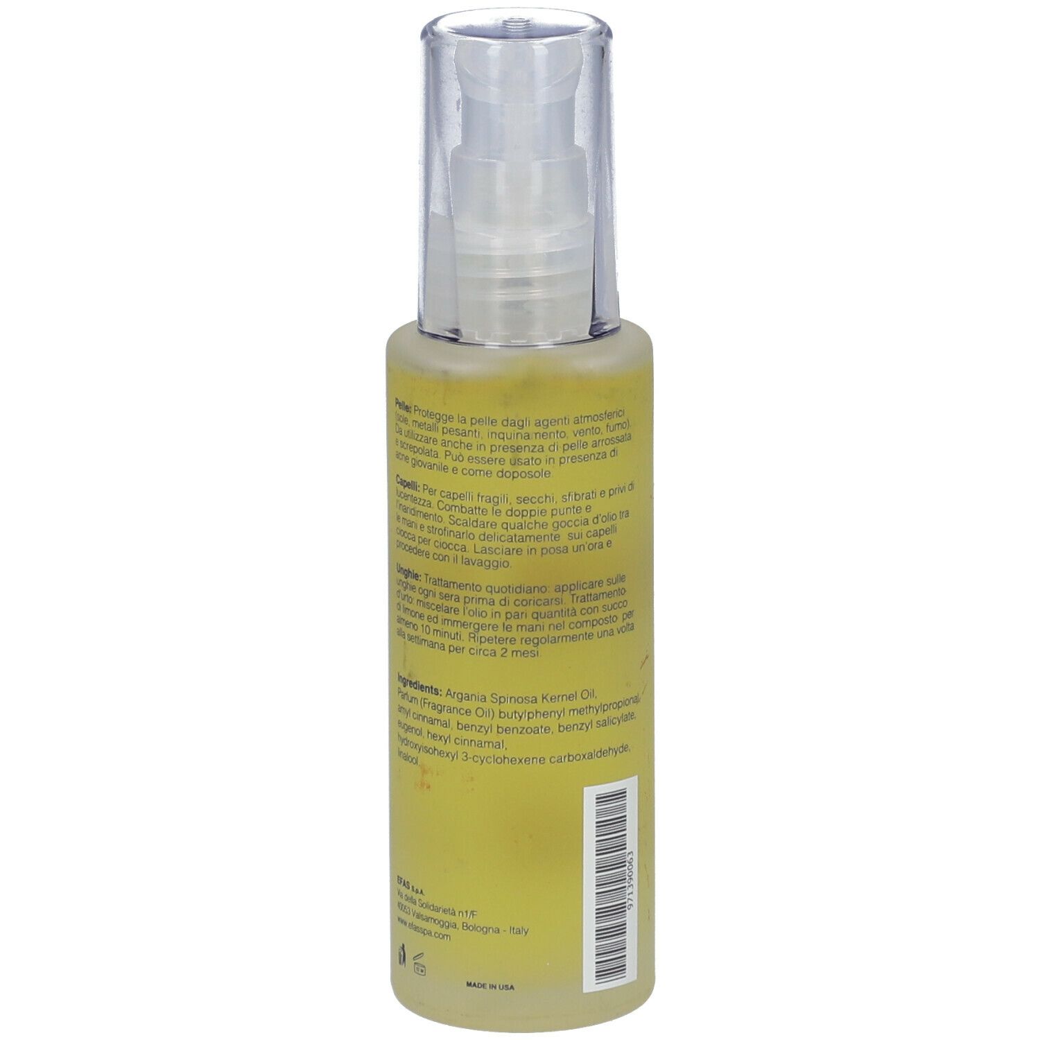Flacone giallo con testo. Contiene olio. Testina a pompa trasparente. Ingredienti e istruzioni per l'uso.