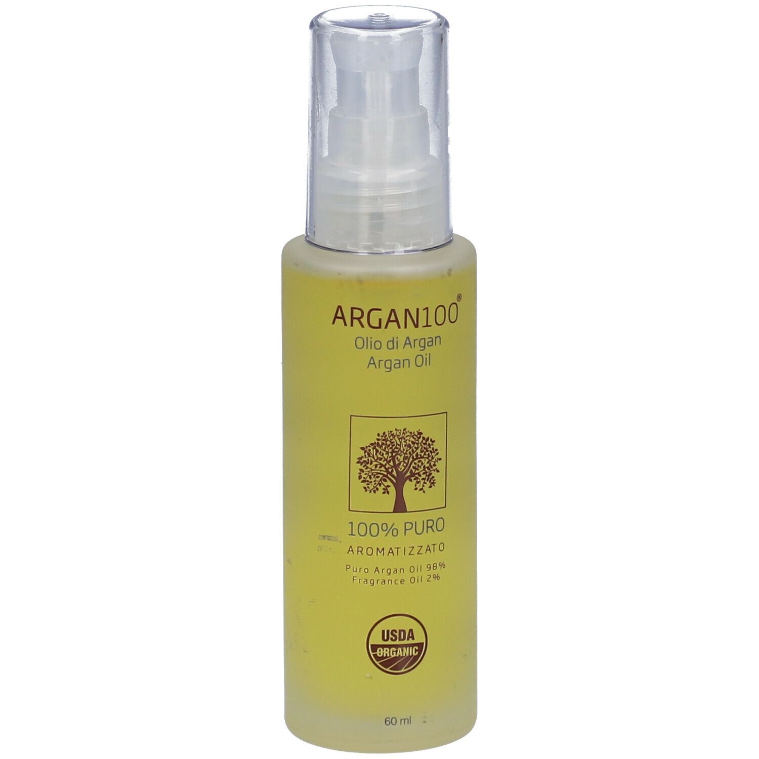 Flacone giallo con etichetta ARGAN100™. Contiene olio. Sigillo USDA Organic. 60 ml.