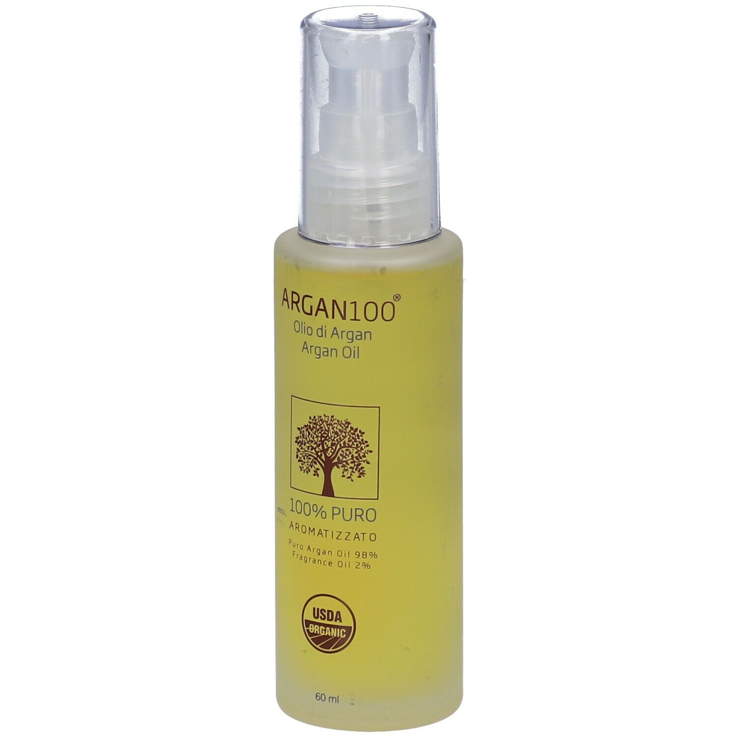 Flacone giallo con etichetta ARGAN100™. Contiene olio. Sigillo USDA Organic. 60 ml.