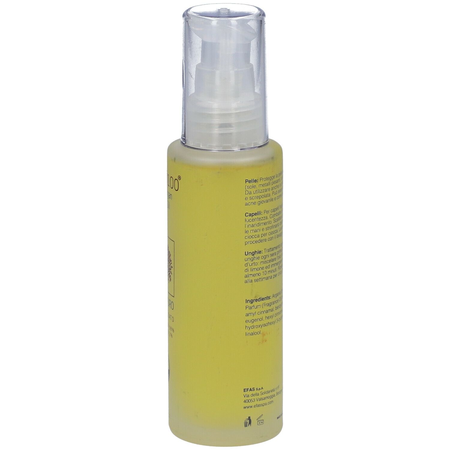 Flacone giallo con testo. Contiene olio. Testina a pompa trasparente. Ingredienti e istruzioni per l'uso.