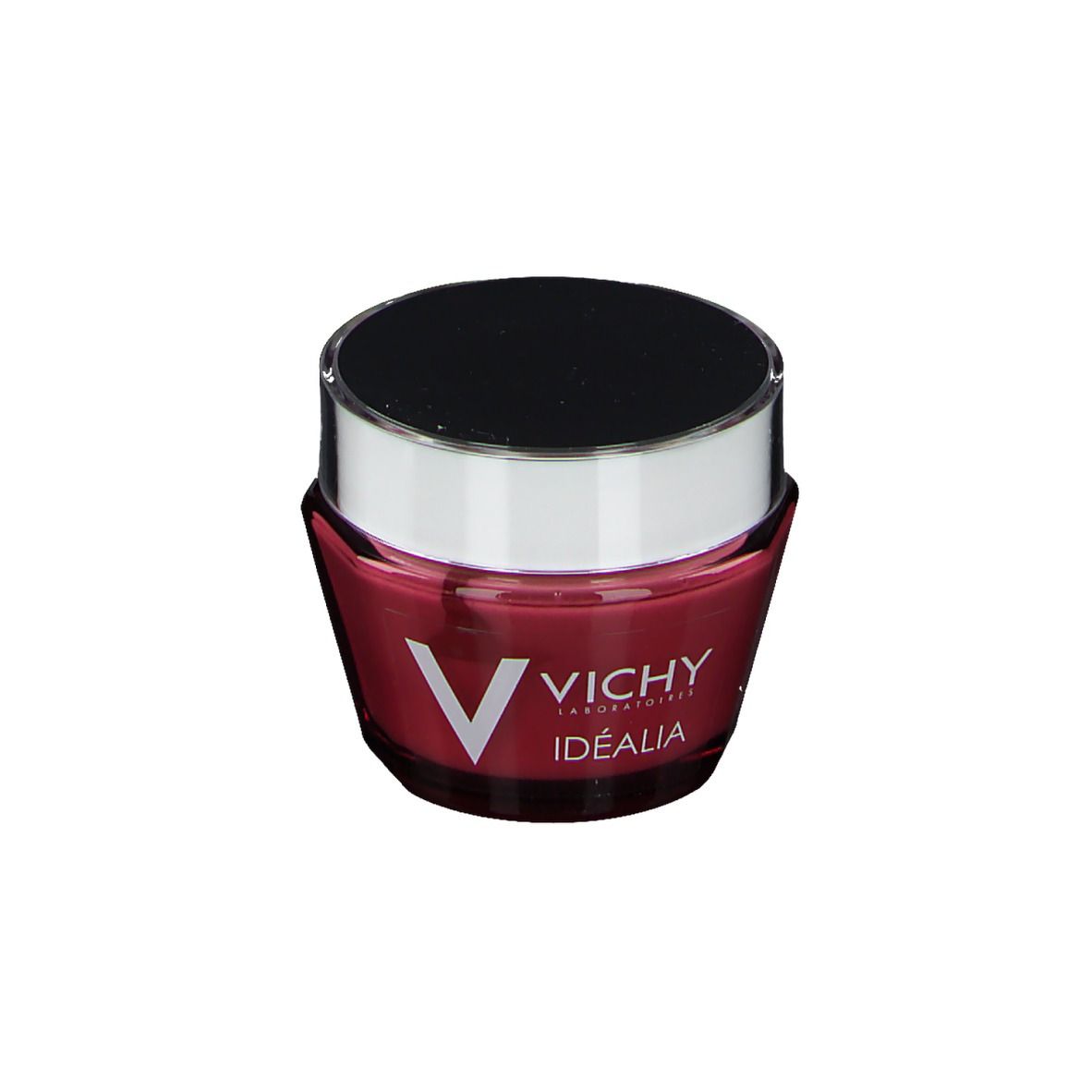 Runder Tiegel mit schwarzem Deckel und silbernem Rand. Rosa Creme mit VICHY und IDÉALIA-Logo.