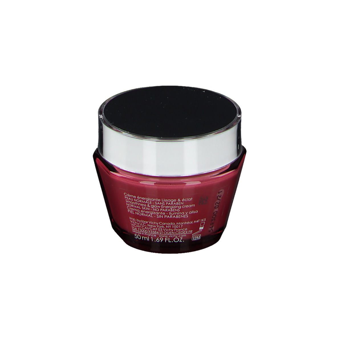 Rosa Creme-Tiegel mit schwarzem Deckel und silbernem Rand. Text auf der Rückseite, VICHY und IDÉALIA.