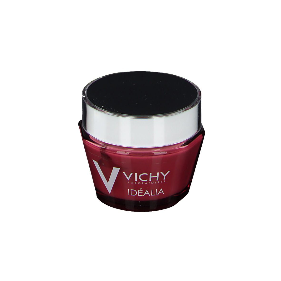 Runder Tiegel mit schwarzem Deckel und silbernem Rand. Rosa Creme mit VICHY und IDÉALIA-Logo.
