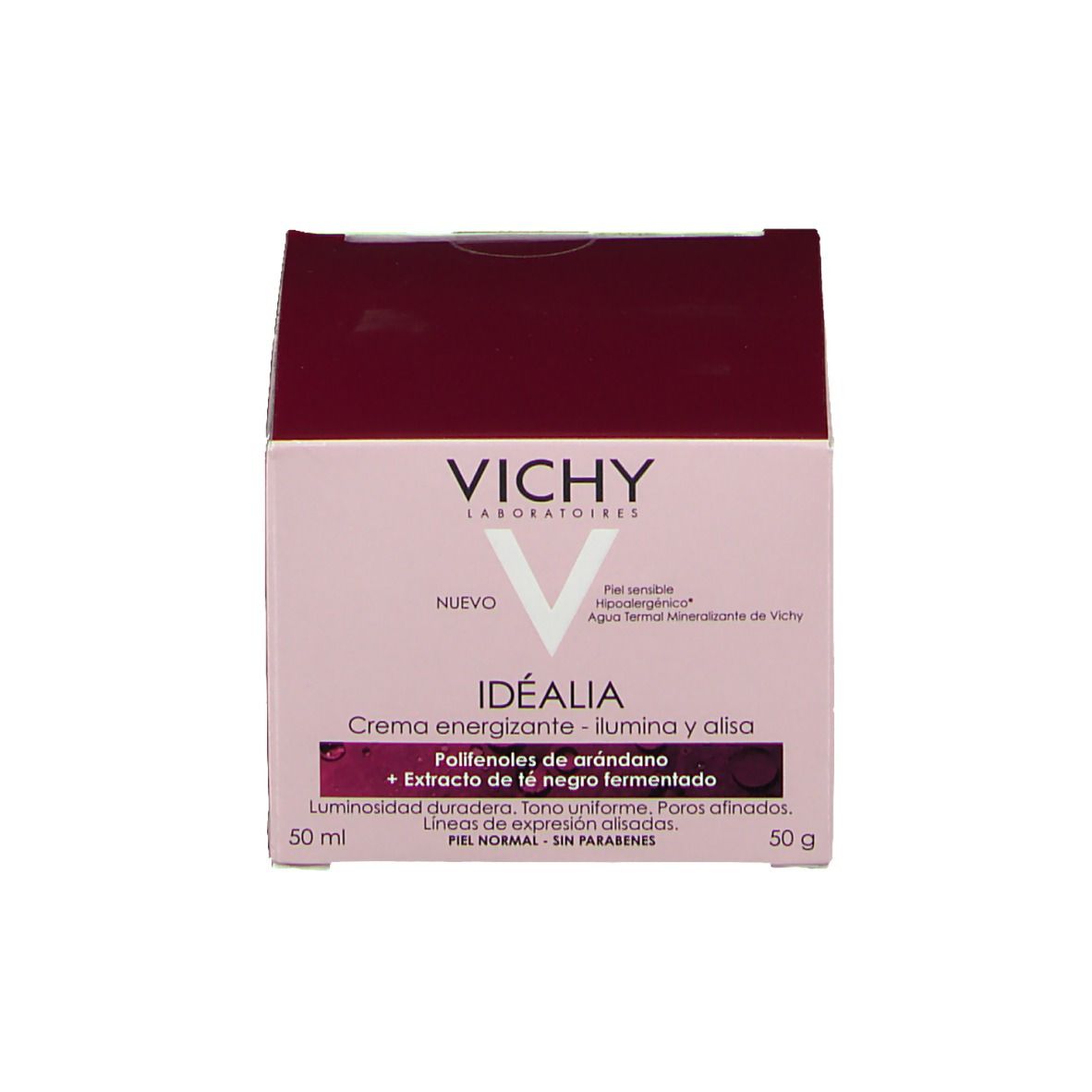 Verpackung für Creme. VICHY, IDÉALIA, Creme energizante. Text und Inhaltsstoffe.