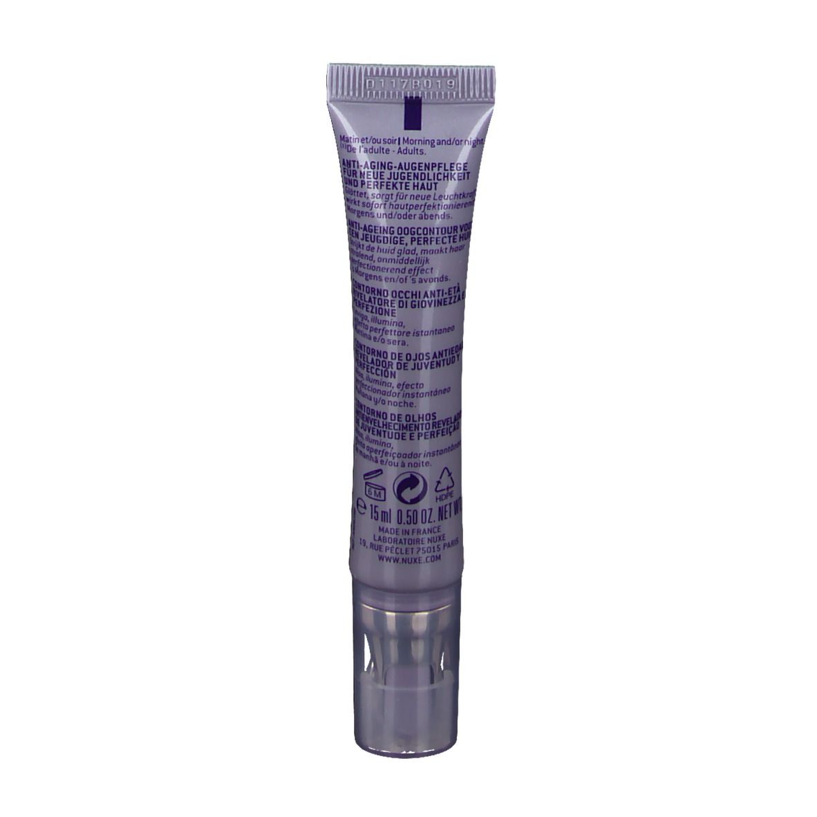 Dos du tube NUXE Nuxellance® Augenzone. Texte multilingue. Tube violet.