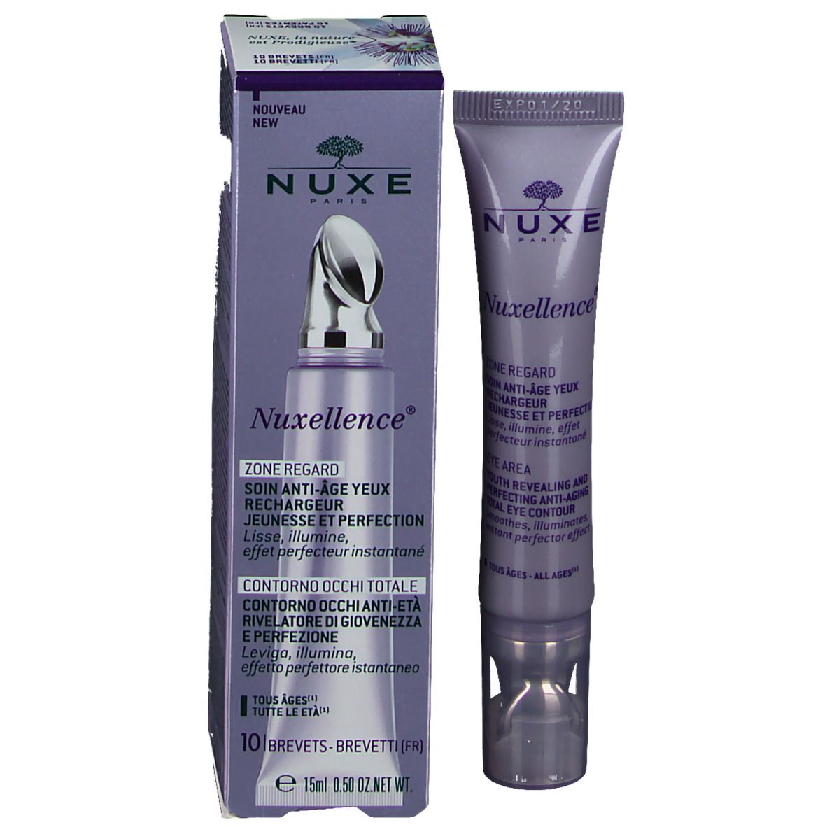 Tube et emballage NUXE Nuxellance® Augenzone. Emballage violet avec nom et texte du produit.