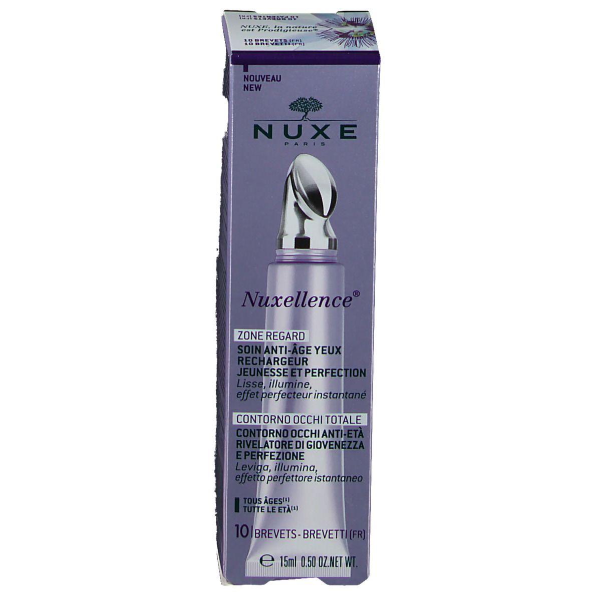 Tube et emballage NUXE Nuxellance® Augenzone. Emballage violet avec nom et texte du produit.
