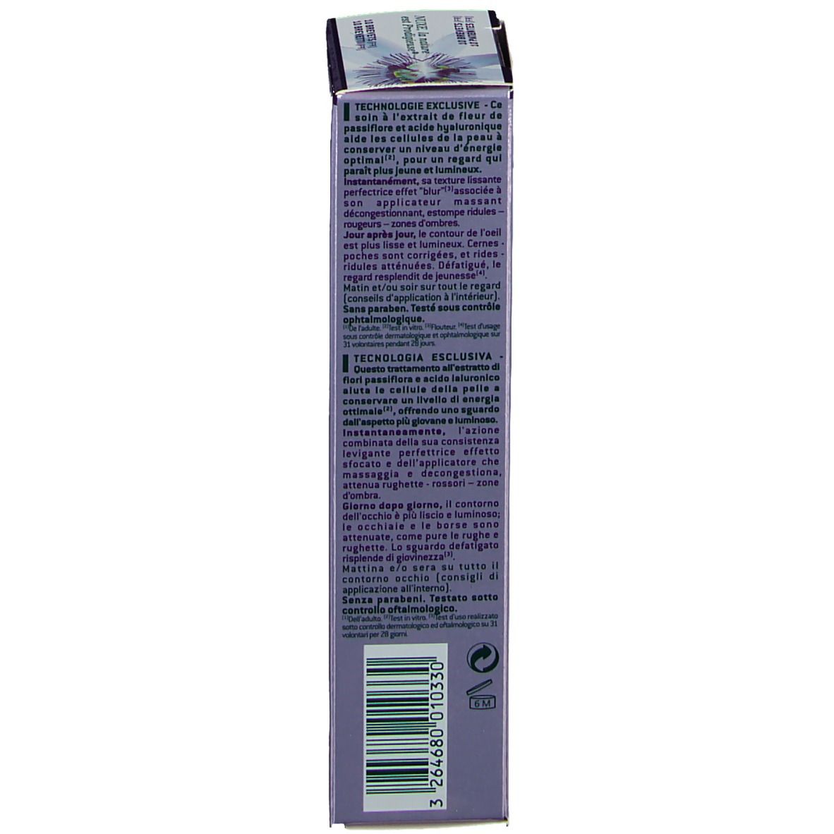 Côté de l'emballage NUXE Nuxellance® Augenzone. Texte multilingue. Emballage violet.