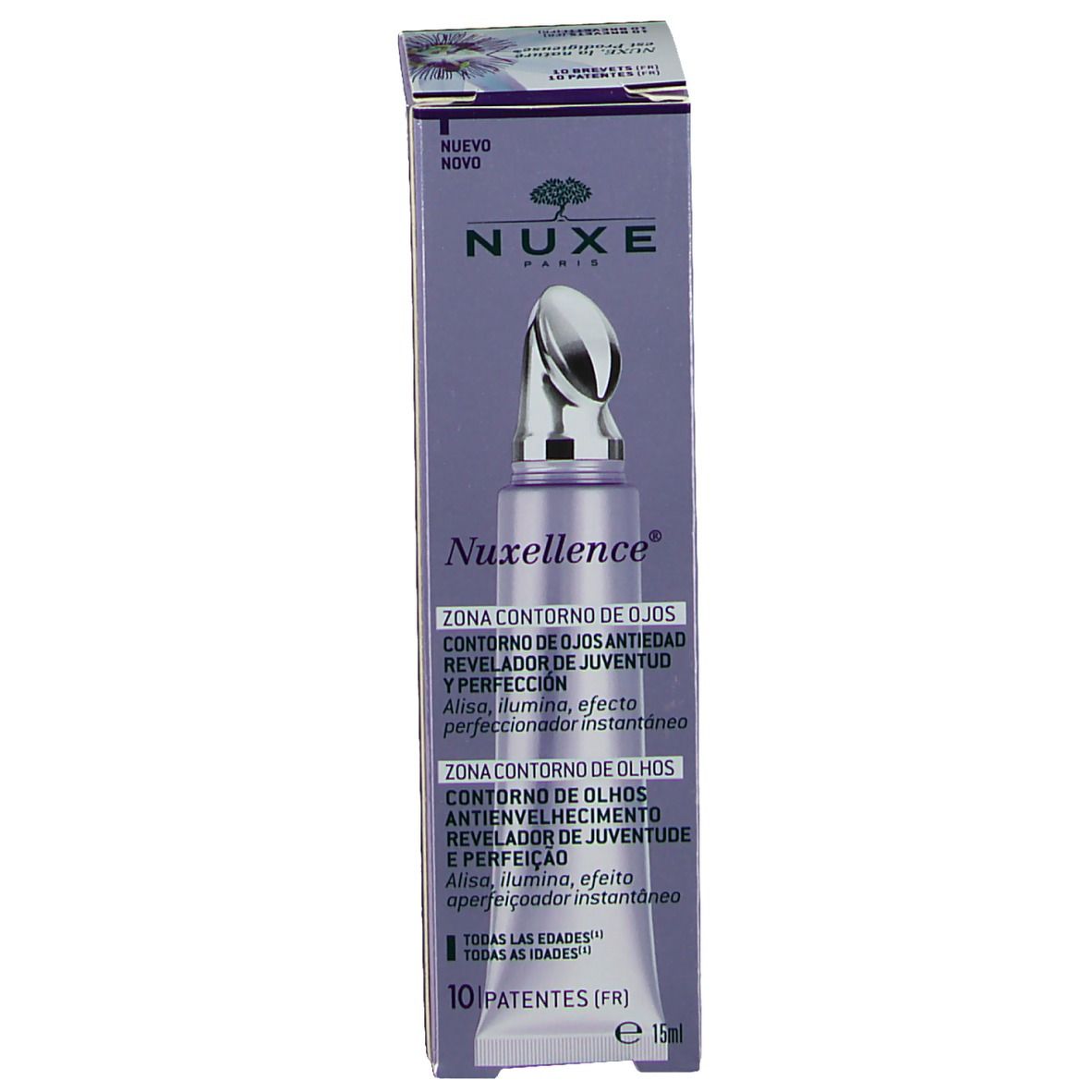 Emballage NUXE Nuxellance® Augenzone. Texte multilingue. Emballage violet.