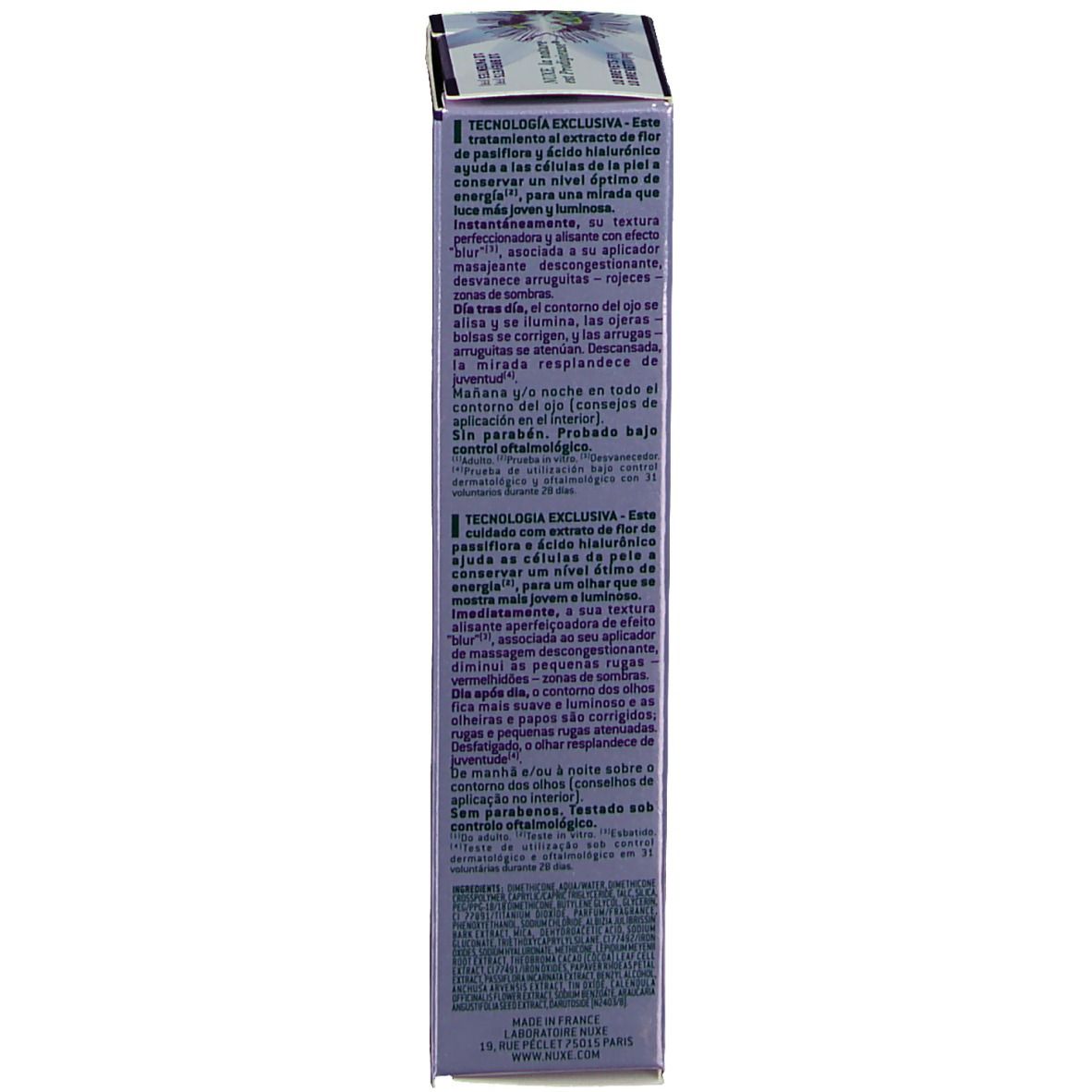 Côté de l'emballage NUXE Nuxellance® Augenzone. Texte multilingue. Emballage violet.