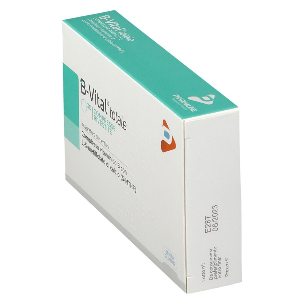 Confezione di B-VITAL Totale®. Scatola bianca con coperchio turchese. Scritta: B-VITAL Totale®, 30 compresse, senza glutine.
