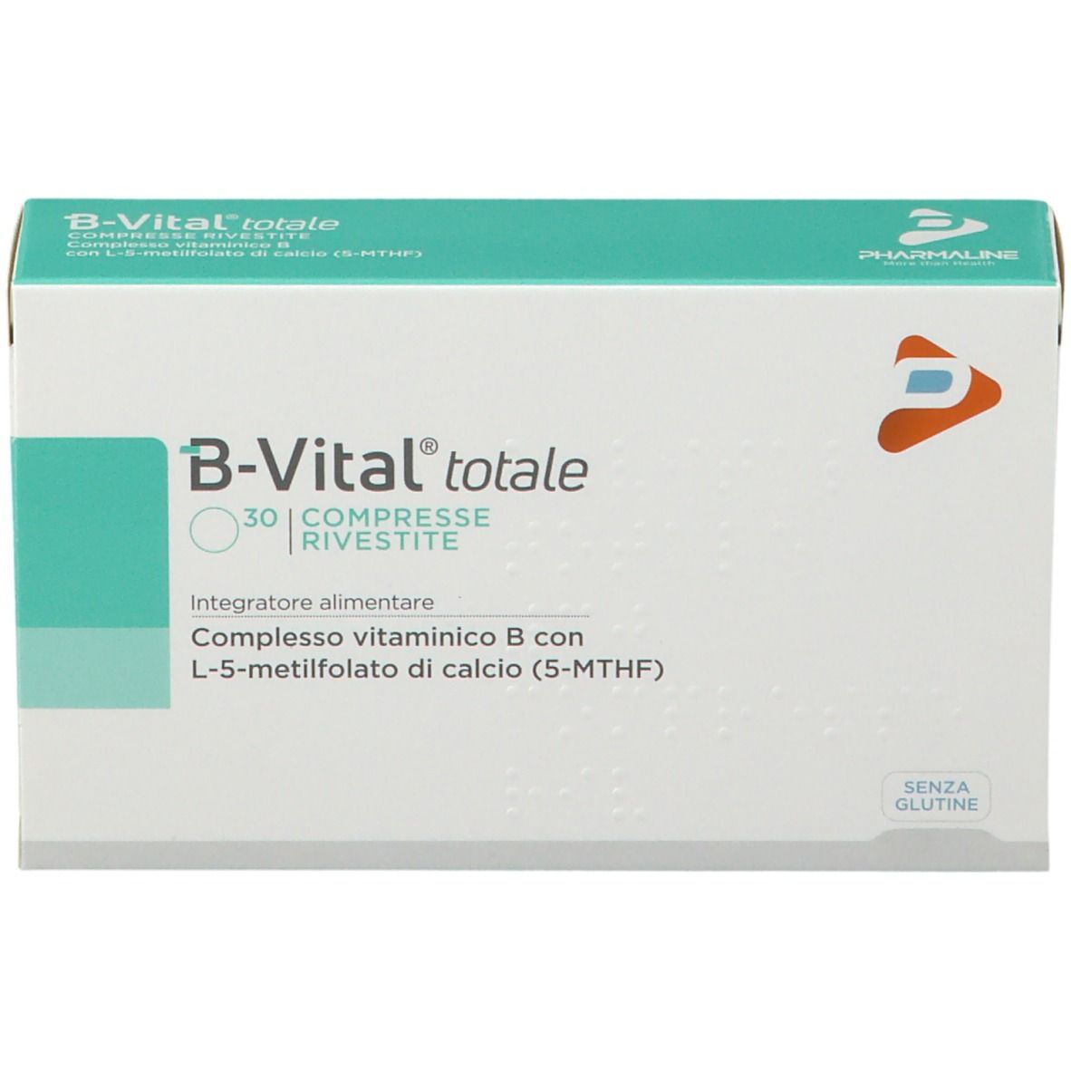 Confezione di B-VITAL Totale®. Scatola bianca con coperchio turchese. Scritta: B-VITAL Totale®, 30 compresse, senza glutine.