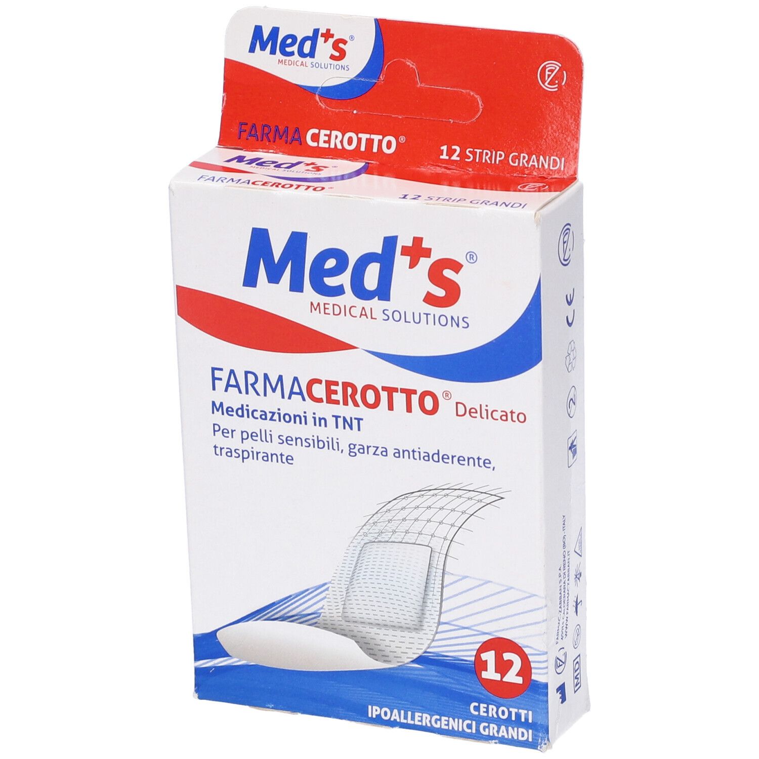 Confezione da 12 cerotti. Scritta: Med's, FarmaCerotto, Delicato. Per pelli sensibili, traspirante.