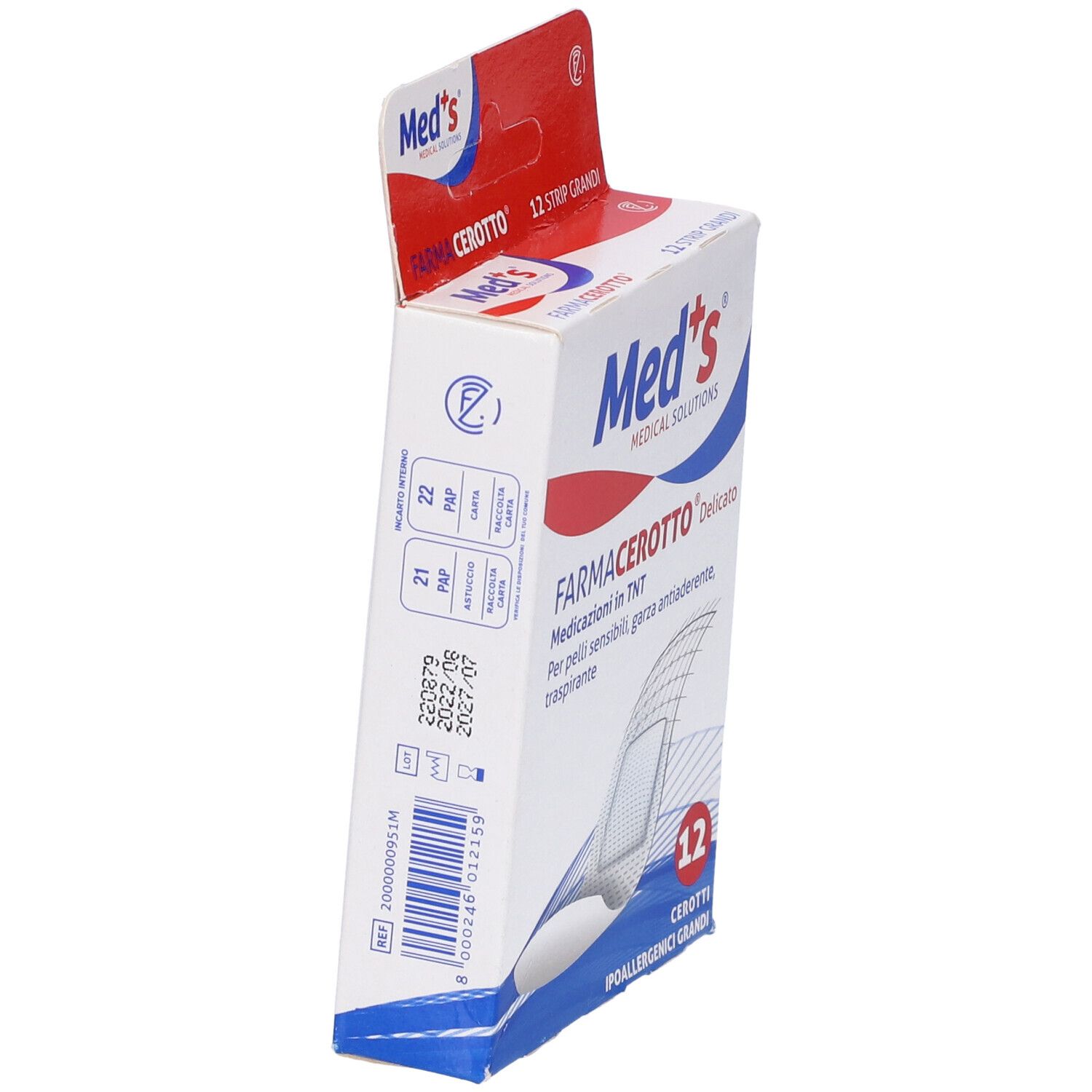 Vista laterale della confezione da 12 cerotti. Scritta: Med's, FarmaCerotto. Dettagli di scadenza e numero di lotto.