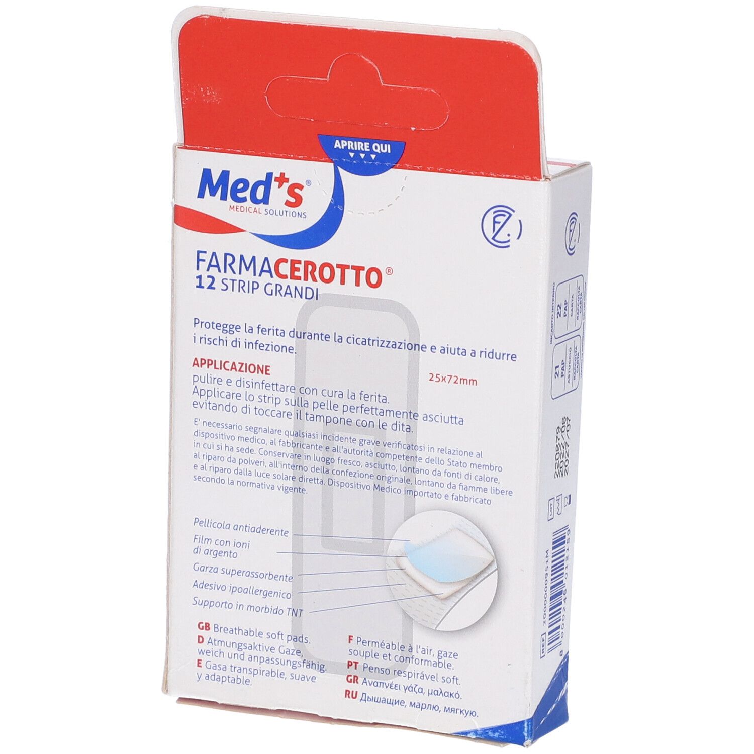 Retro della confezione da 12 cerotti. Scritta: Med's, FarmaCerotto. Istruzioni per l'uso e illustrazioni.