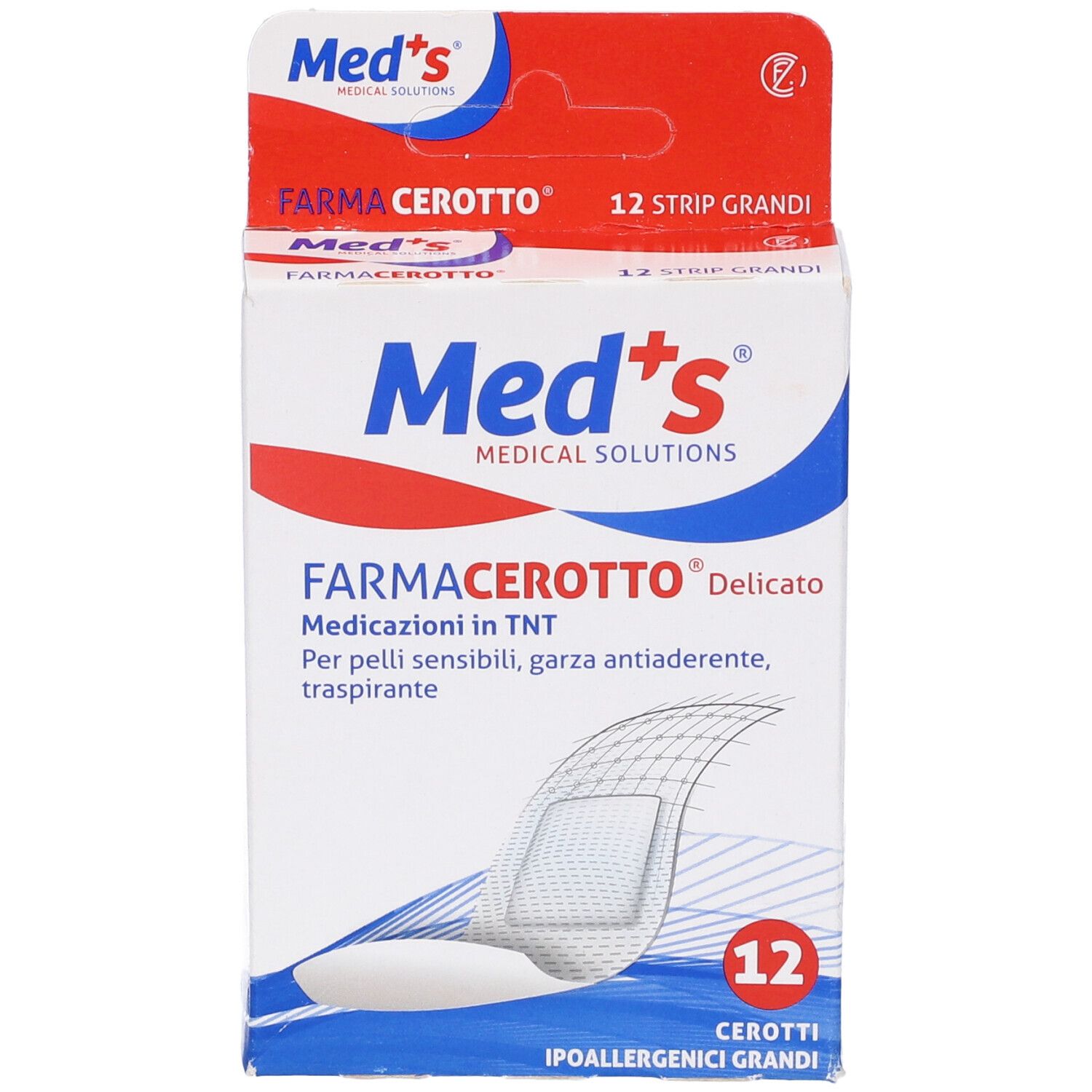 Confezione da 12 cerotti. Scritta: Med's, FarmaCerotto, Delicato. Per pelli sensibili, traspirante.