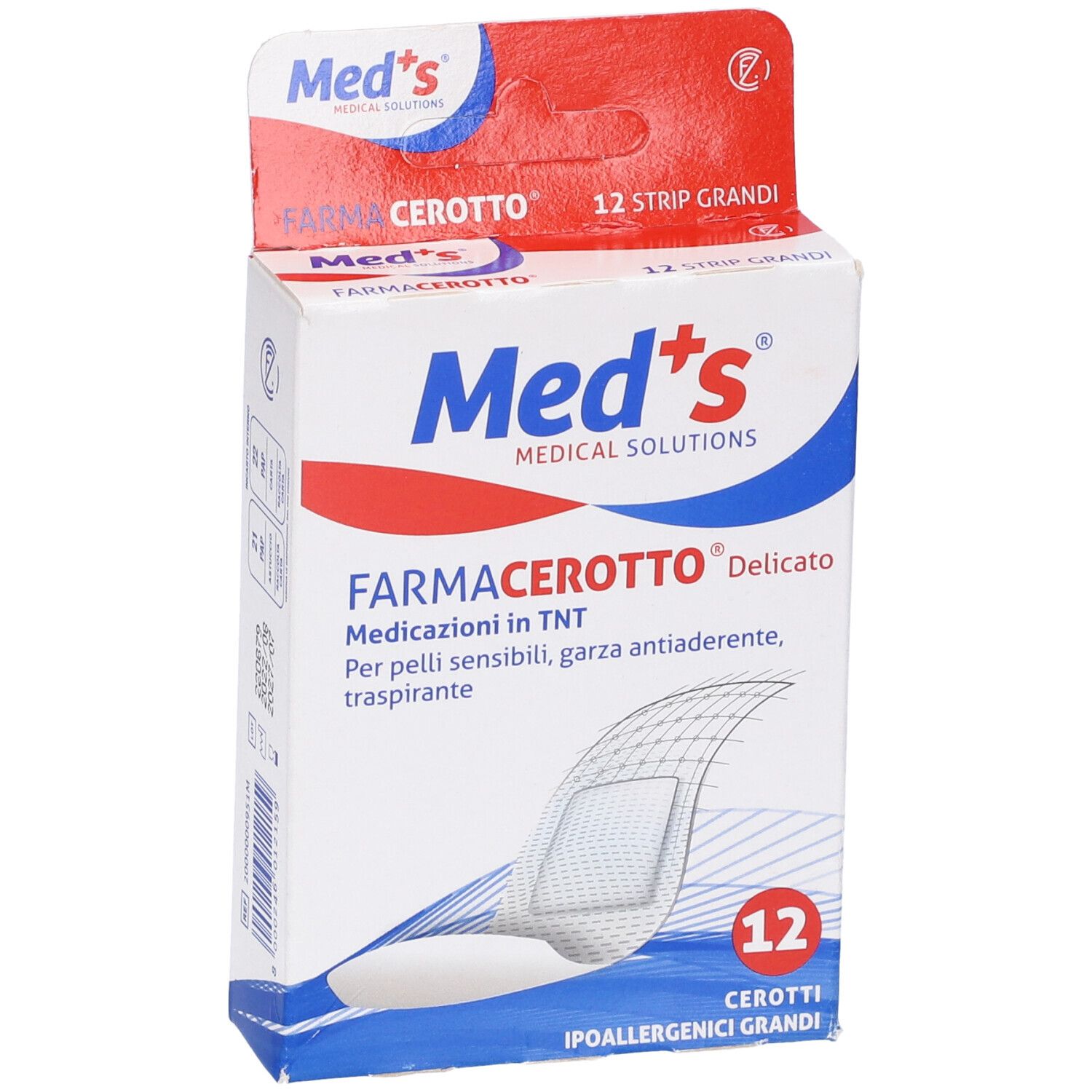 Confezione da 12 cerotti. Scritta: Med's, FarmaCerotto, Delicato. Per pelli sensibili, traspirante.