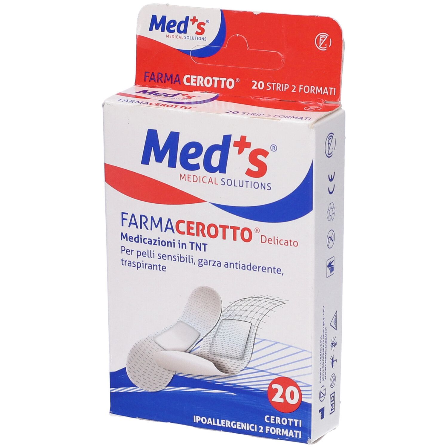 Confezione di cerotti Med's FarmaCerotto, 20 pezzi, 2 formati. Scritta: Medicazioni in TNT. Ipoallergenici.