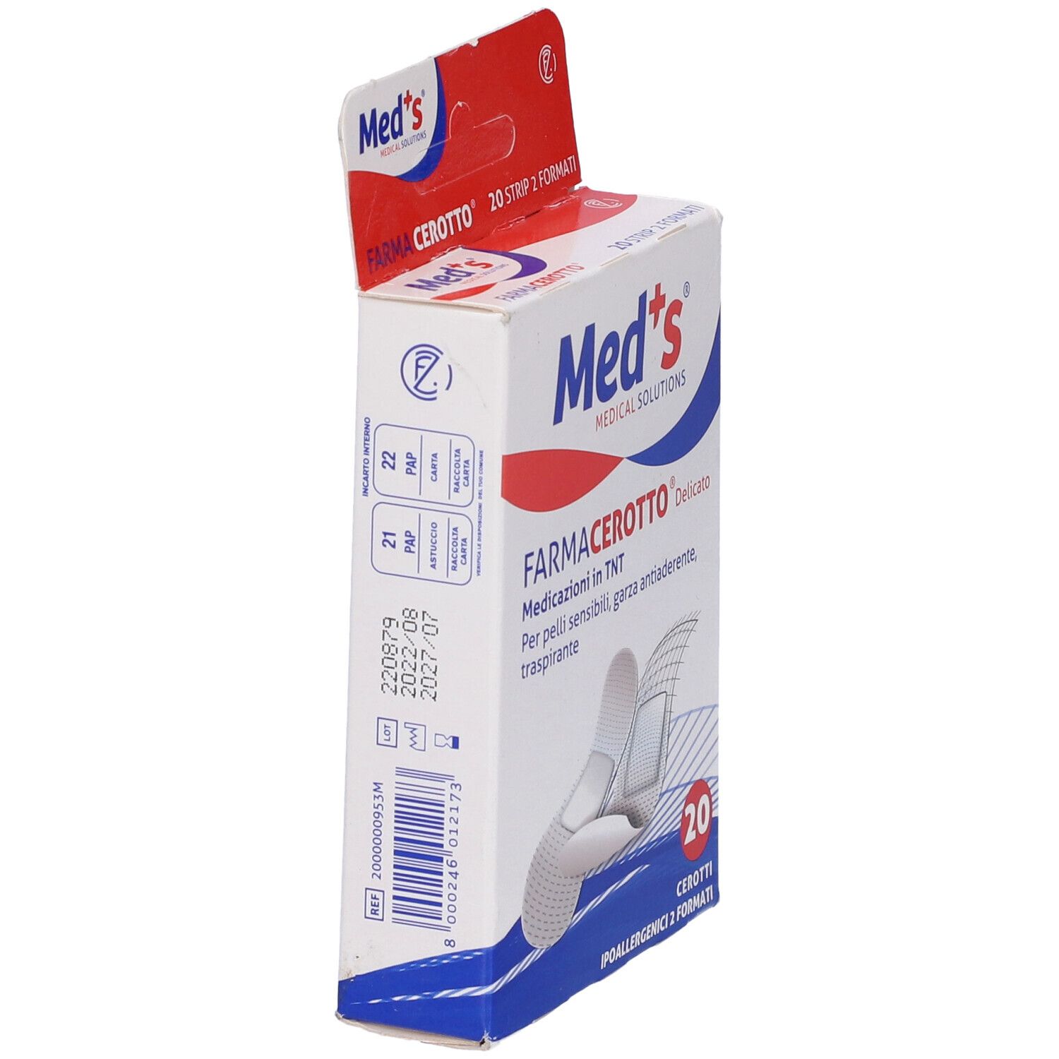 Confezione di cerotti Med's FarmaCerotto, 20 pezzi, 2 formati. Scritta: Medicazioni in TNT. Ipoallergenici.