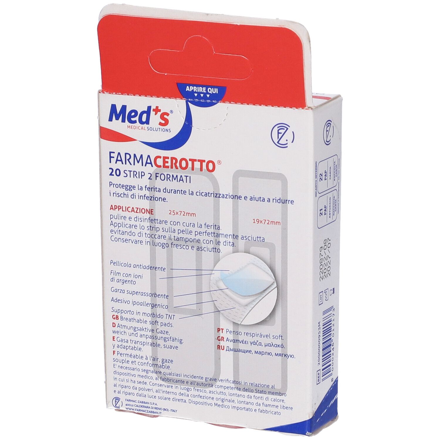 Confezione di cerotti Med's FarmaCerotto, 20 pezzi, 2 formati. Scritta: Medicazioni in TNT. Ipoallergenici.