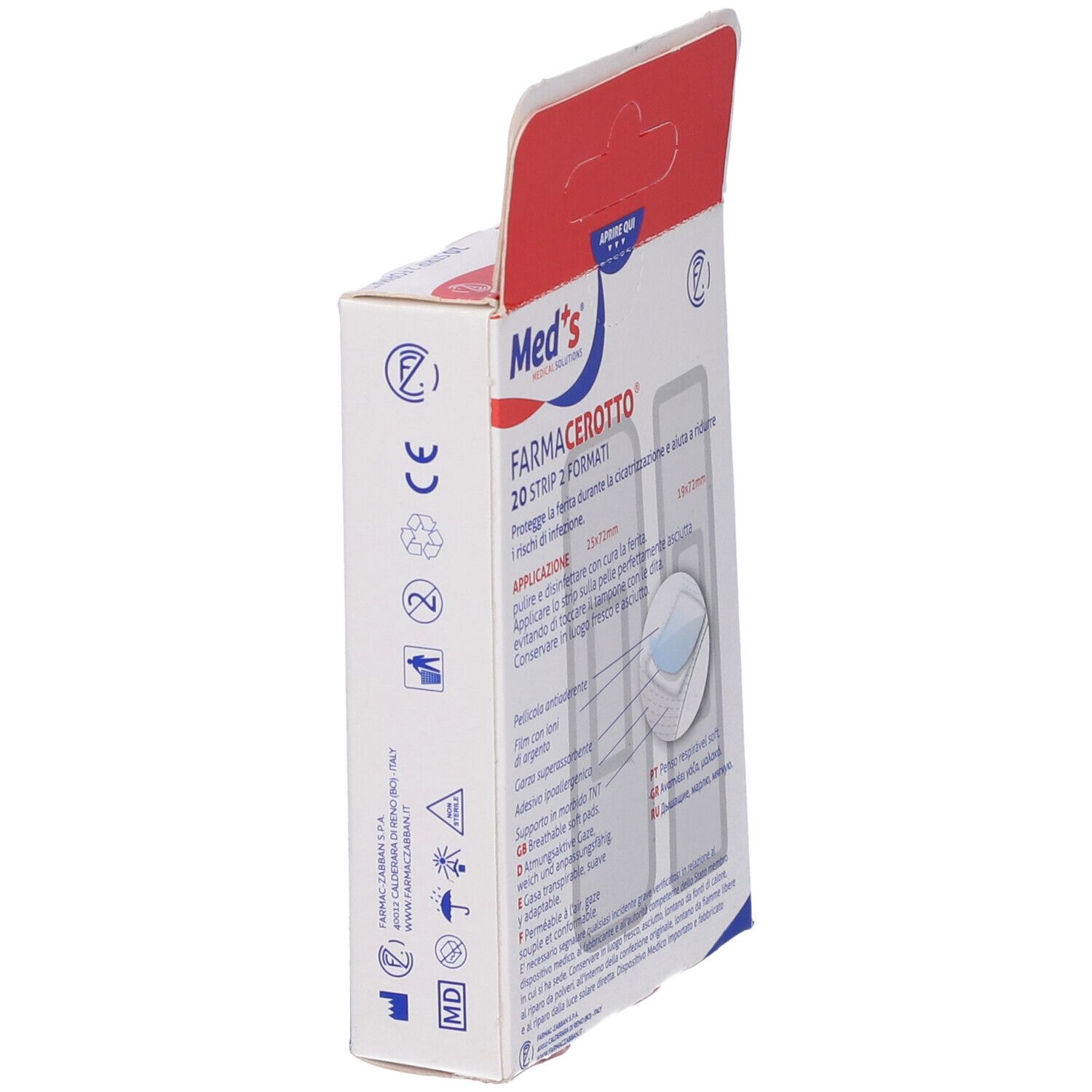 Confezione di cerotti Med's FarmaCerotto, 20 pezzi, 2 formati. Scritta: Medicazioni in TNT. Ipoallergenici.