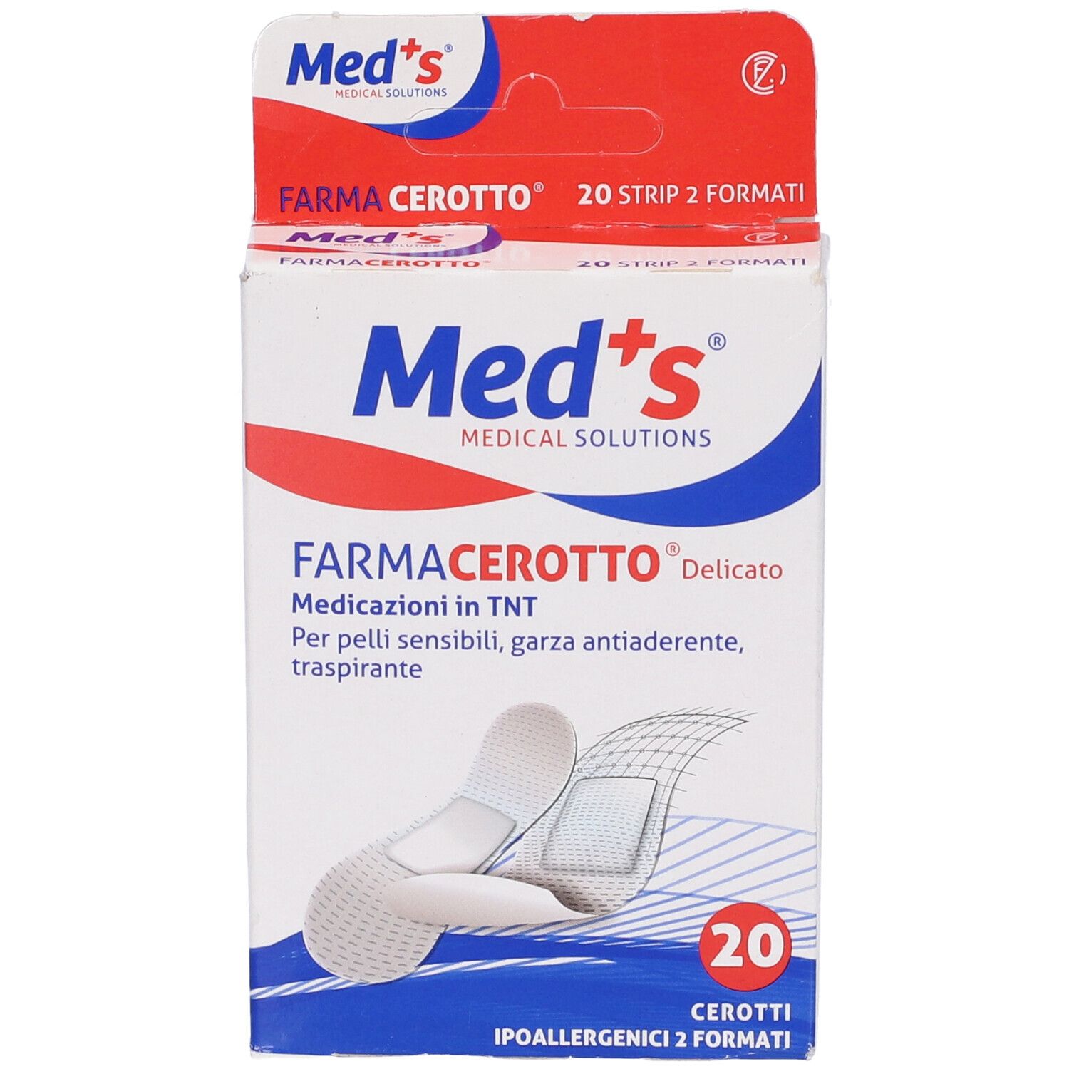 Confezione di cerotti Med's FarmaCerotto, 20 pezzi, 2 formati. Scritta: Medicazioni in TNT. Ipoallergenici.