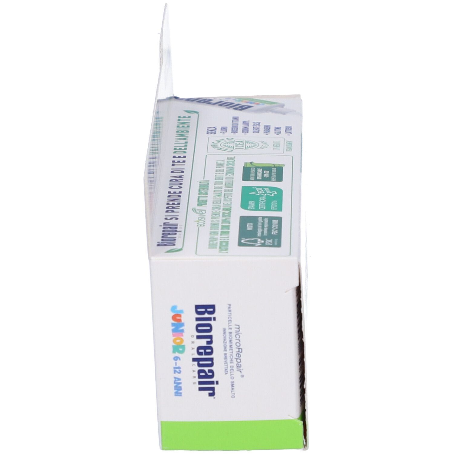 Vista laterale della confezione Biorepair Junior 6-12 anni. Verde e bianco. Testo: Biorepair Junior 6-12 anni.