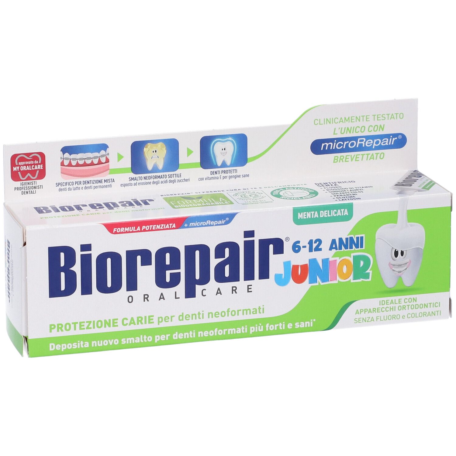 Confezione di dentifricio Biorepair Junior 6-12 anni. Bianco, verde e blu. Testo: Oral Care, protezione carie, senza fluoro e coloranti.