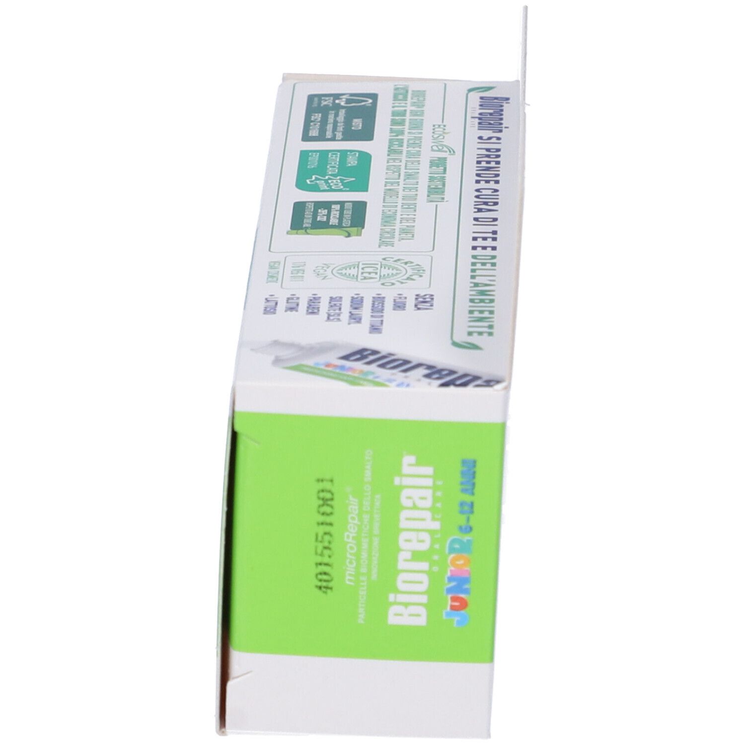 Vista laterale della confezione Biorepair Junior 6-12 anni. Verde e bianco. Testo: Biorepair Junior 6-12 anni.