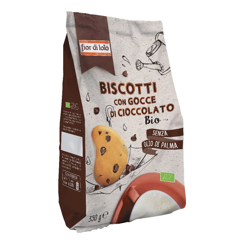 Confezione di biscotti con gocce di cioccolato. Scritta: "Biscotti con Gocce di Cioccolato Bio". Senza olio di palma.